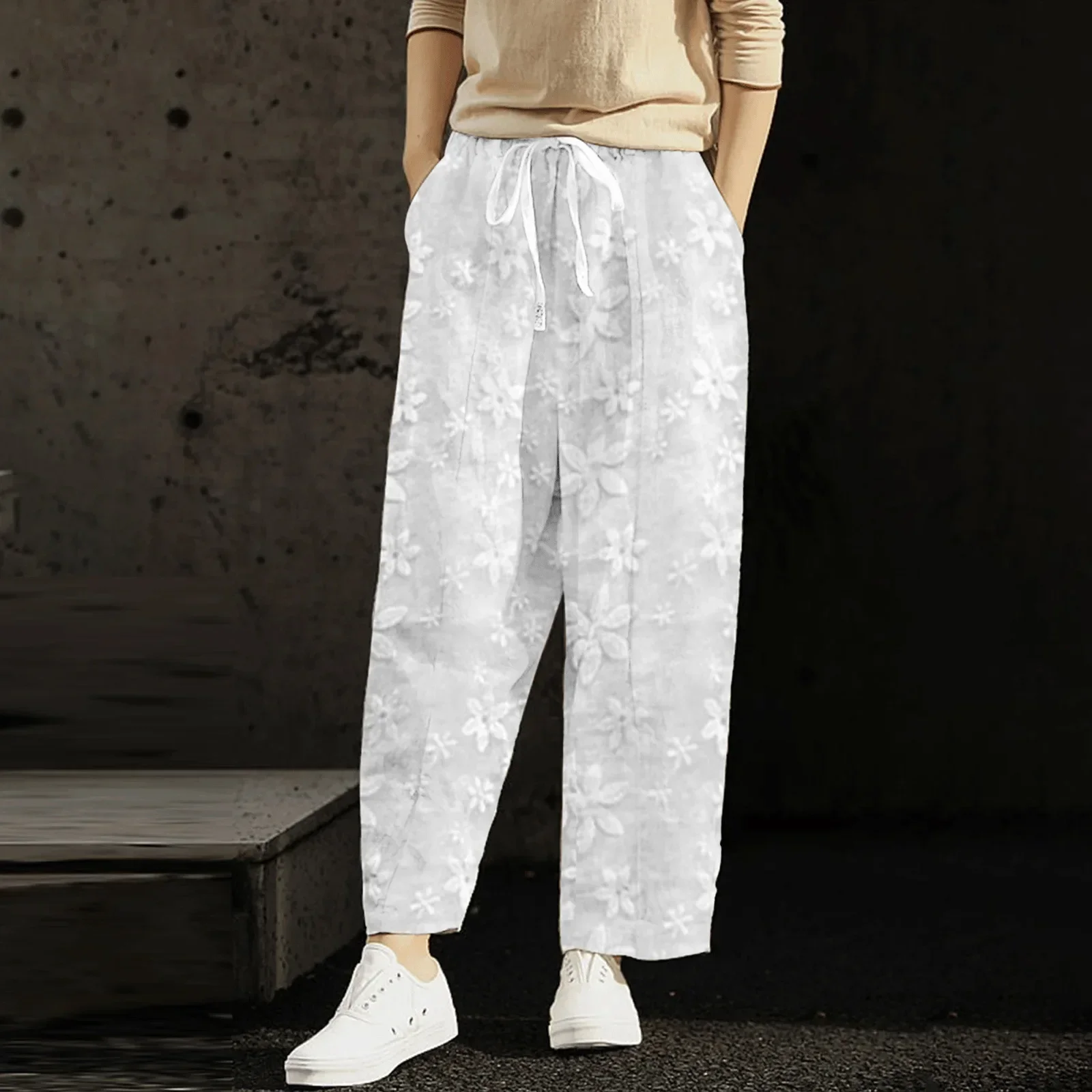 Femmes broderie pantalon été nouveau pantalon décontracté blanc taille élastique dame Sreet poche cheville-longueur vêtements