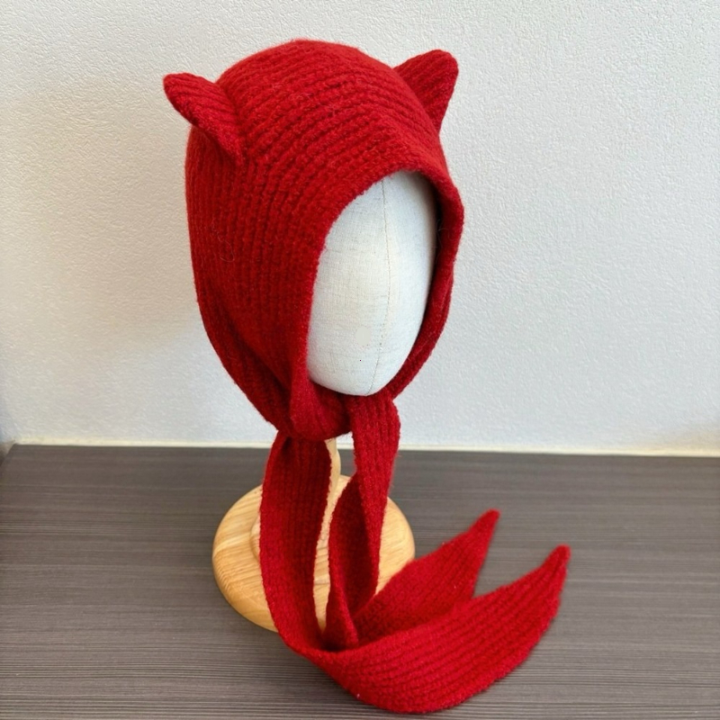 Cagoule tricotée intégrée de style coréen pour femmes, chapeaux d'automne et d'hiver, chaud et polyvalent, rétro, chapeau de bombardier rouge de noël