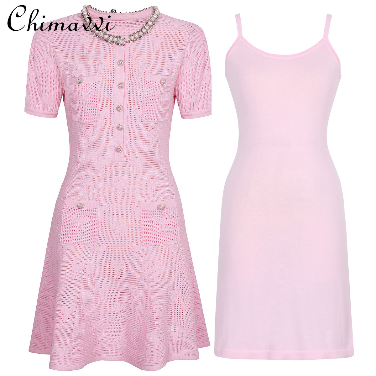 Robe tricotée à manches courtes pour femmes, haut de gamme, à la mode, ajustée, vêtements d'été, col rond, tempérament, nouvelle collection 2025
