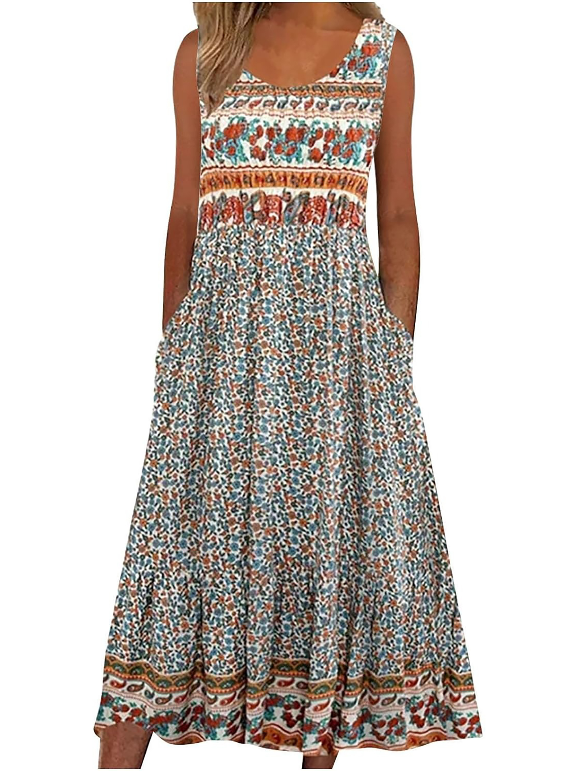 2025 été nouveau! Robe d'été MIDI de plage décontractée à fleurs bohème sans manches pour femmes avec poches fluide et ample