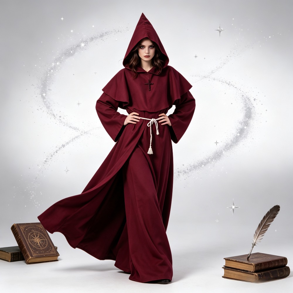 Robe longue médiévale à capuche pour moine, frère, prêtre, sorcier, unisexe, adulte, ample, tenue de scène pour mascarade, fête à thème, Halloween, cosplay