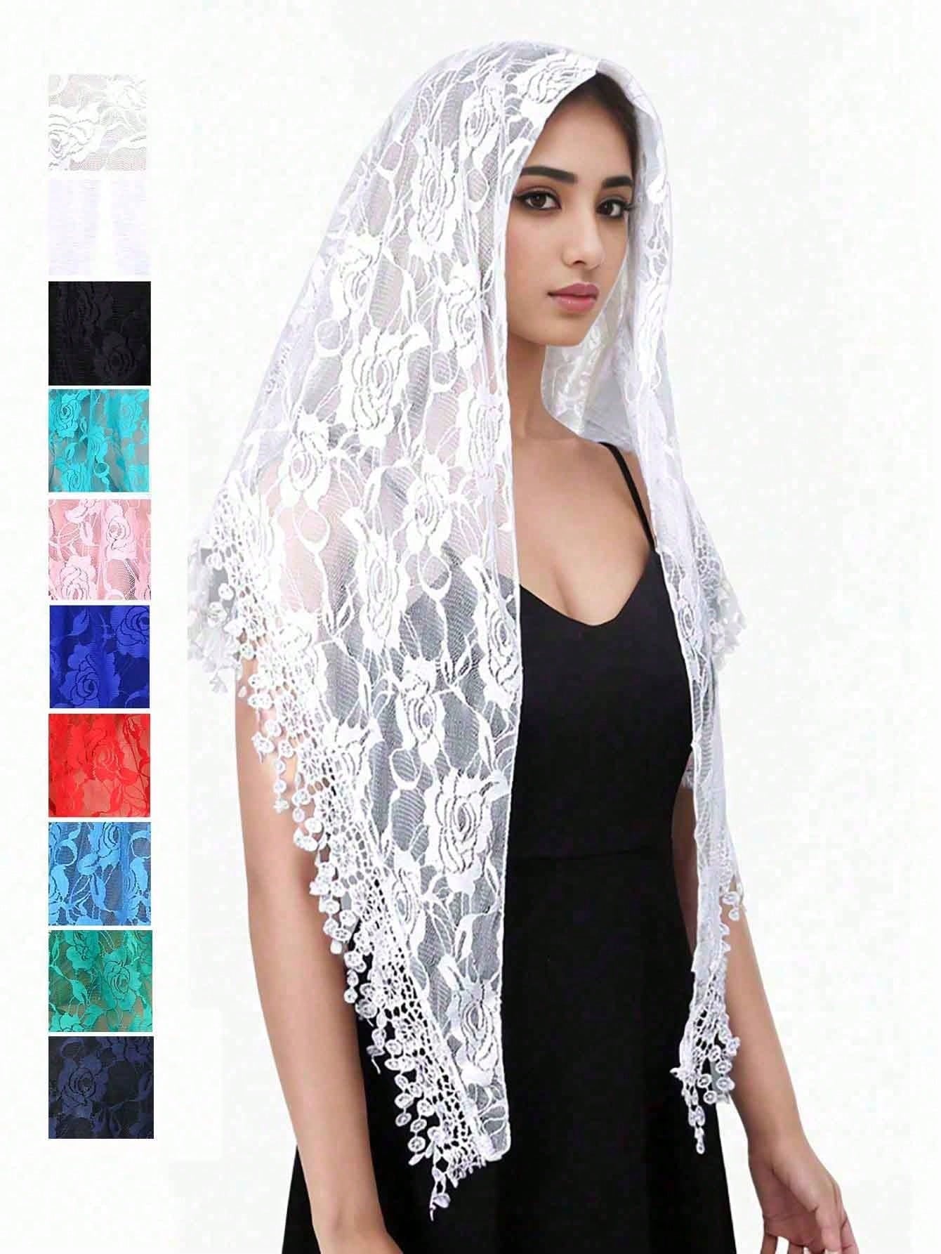 Voile de mariée triangulaire élégant pour femme, en dentelle brodée florale ajourée motif rose, pour mariage et événements formels, utilisable comme foulard ou châle