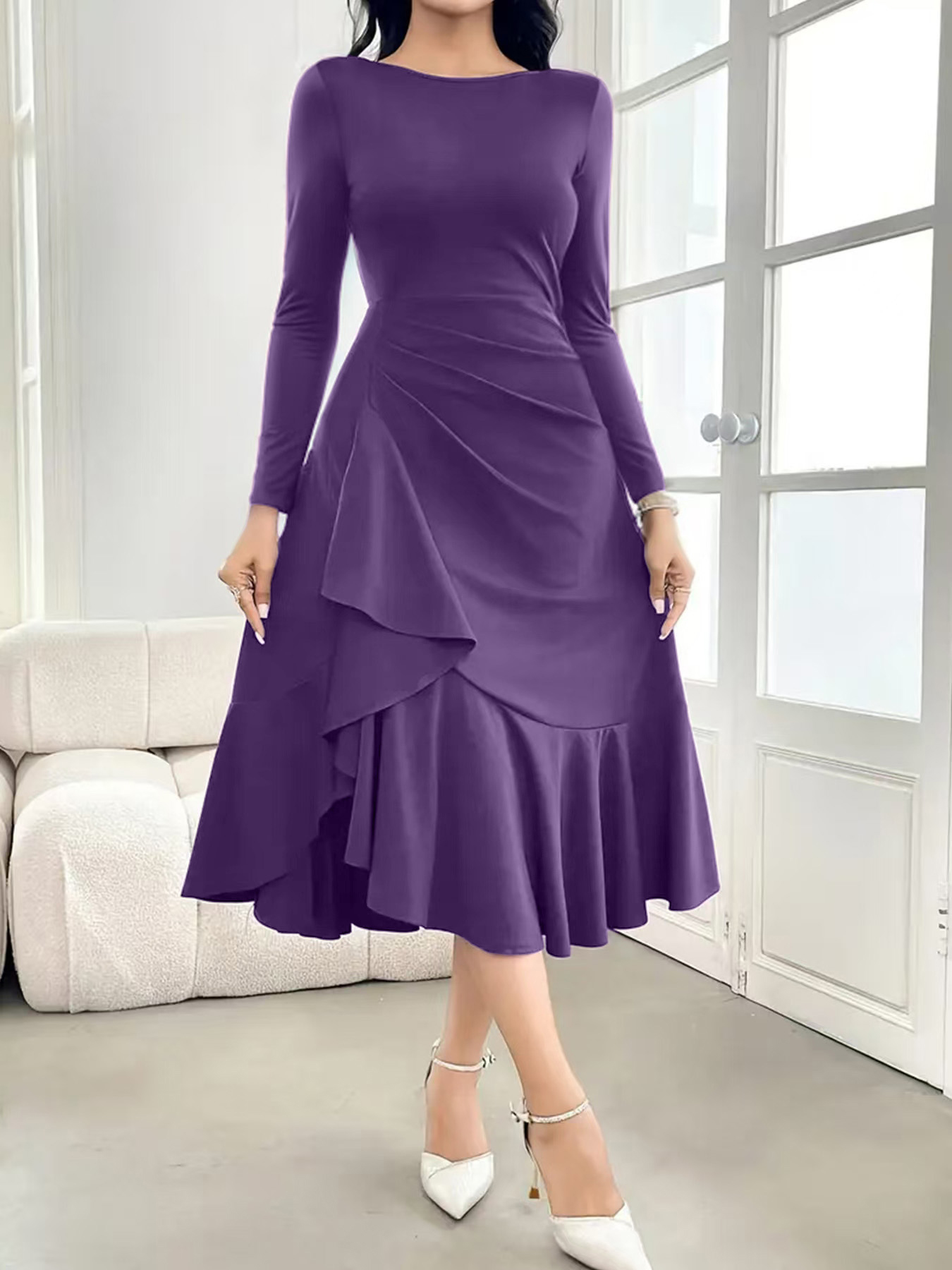 Robe de soirée de couleur unie, col rond, manches longues, jupe queue de poisson, coupe ajustée, robe mi-longue élégante