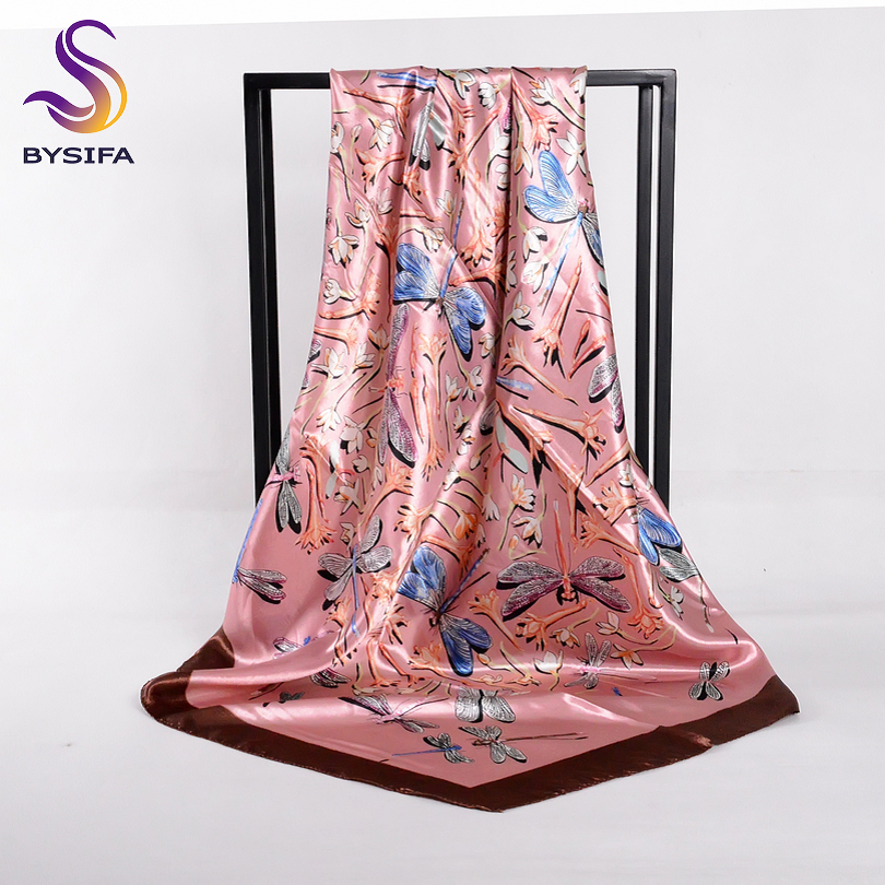 BYSIFA – écharpe en Satin de soie rose pivoine chinoise pour femmes, Cape, bleu marine, élégante pour le cou et la tête, printemps automne, 2017