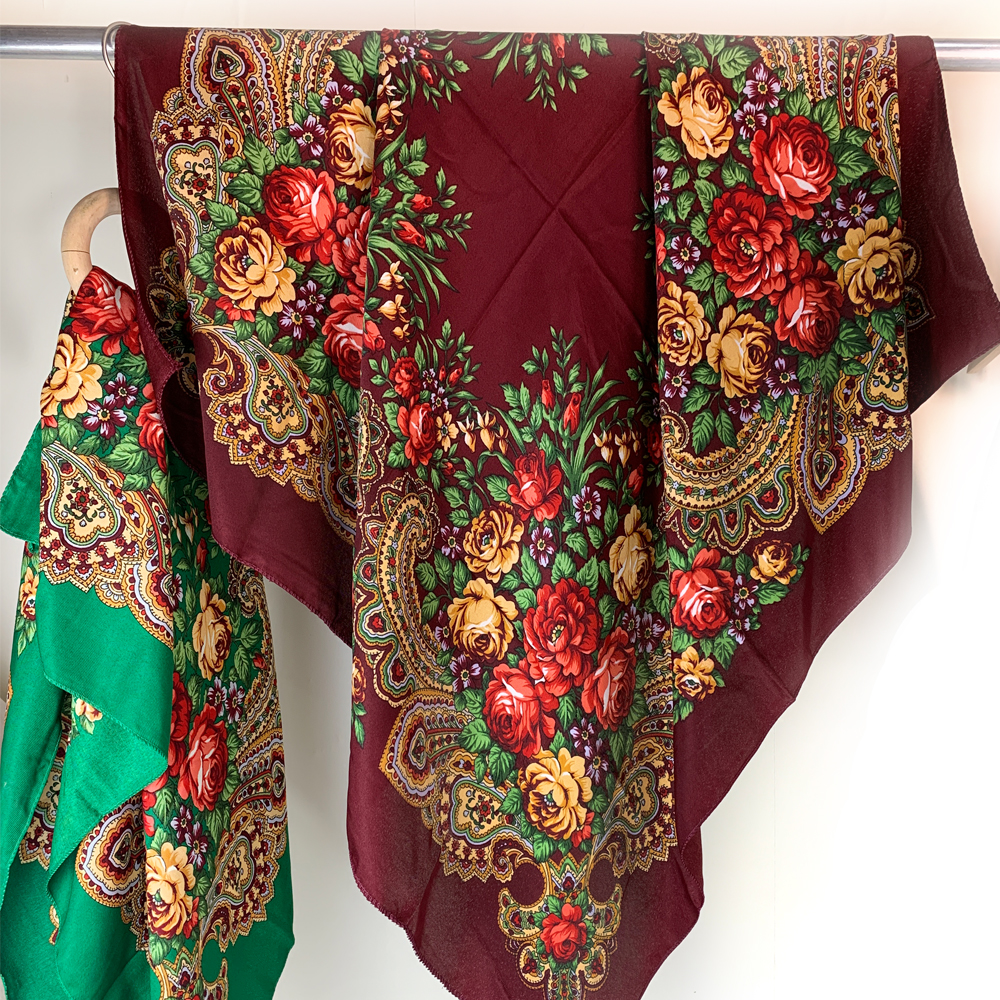 Foulard carré russe de luxe 100x100cm à imprimé floral pour femme, bandeau, bandana, châle, babouchka, mouchoir, couvre-chef féminin
