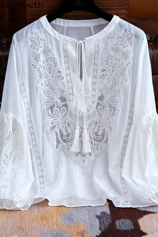Blusas Mujer De Moda 2025 été Blouses élégantes vêtements pour femmes broderie lanterne manches chemises ample dentelle hauts blancs Femme