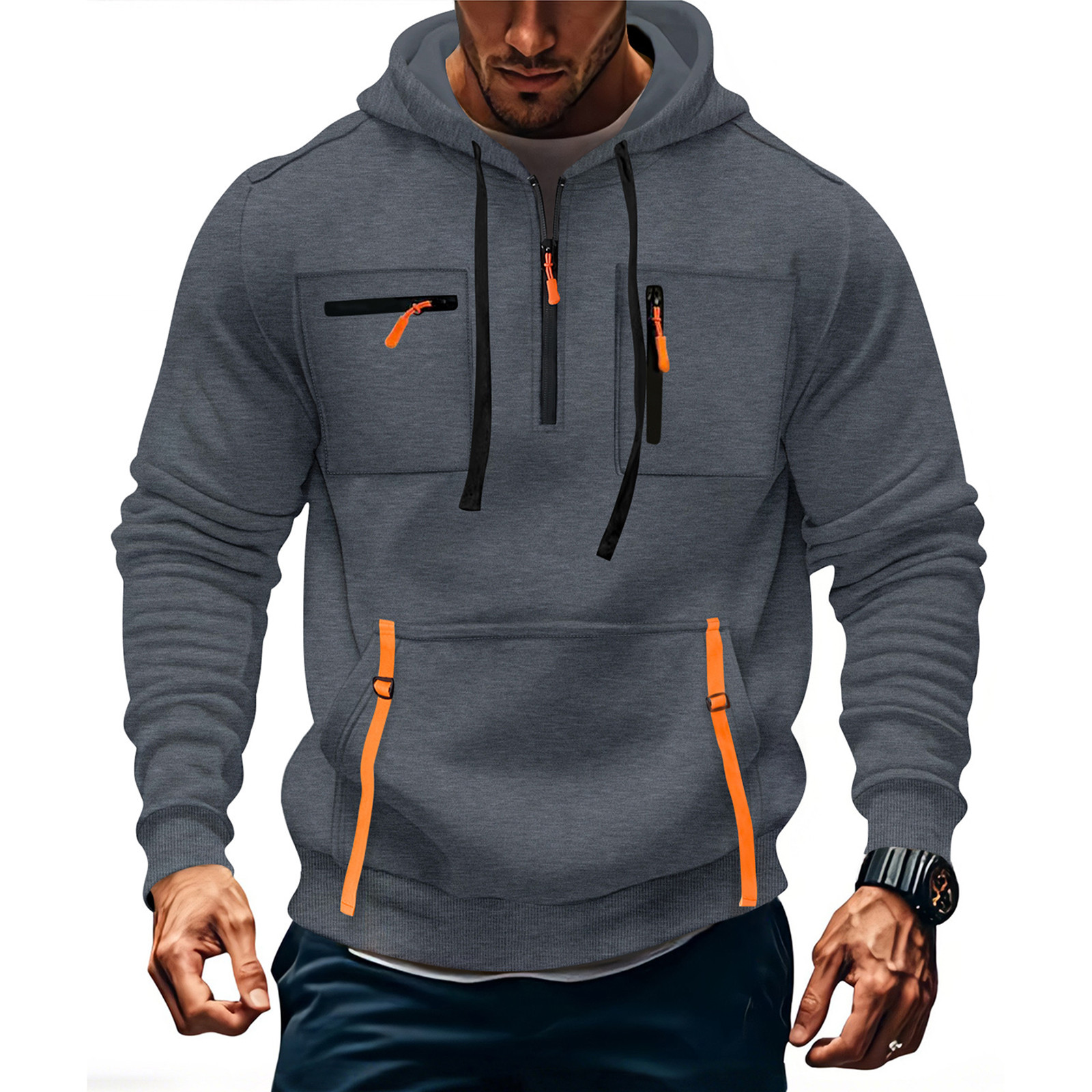 Sweat à capuche décontracté pour homme 2025 – Nouvelle mode avec poches et fermeture éclair – Couleur unie – Coupe ample – Idéal pour la course en extérieur et le streetwear