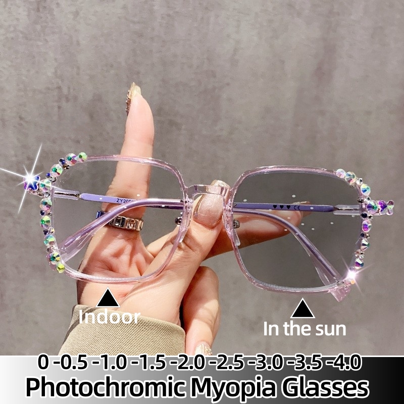 Lunettes de myopie à couleur changeante, bijoux en diamant, lunettes photochromiques haut de gamme pour femmes, moins dioptrie