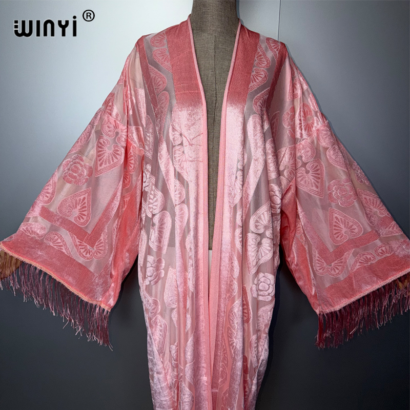 WINYI Kaftan Kimono Maxi Robe Abaya Ouverte Streetwear Perspective Élégante Cache-maillot de Plage Mode Musulmane Manteau