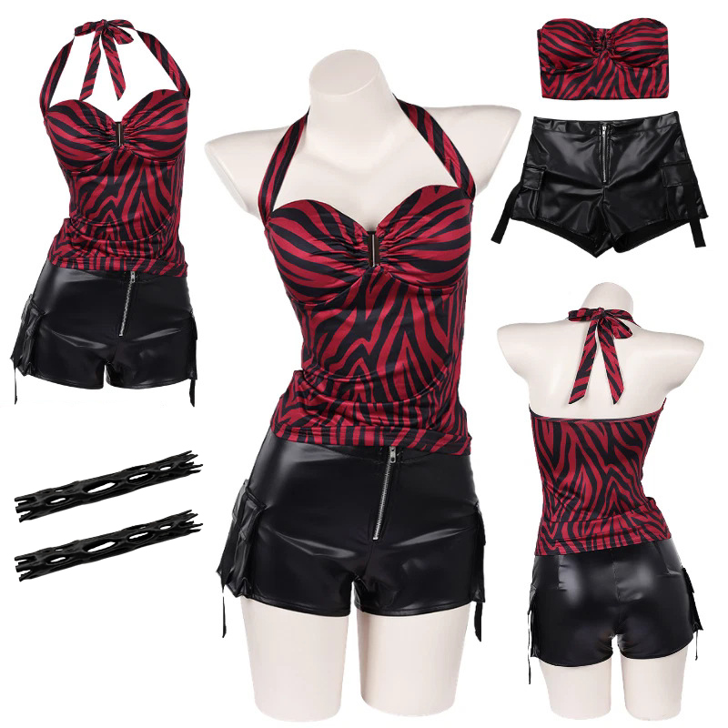 Tenue de cosplay Obsession Nikki : Haut licou zèbre et short cargo en similicuir, style punk streetwear, pour Halloween et carnaval
