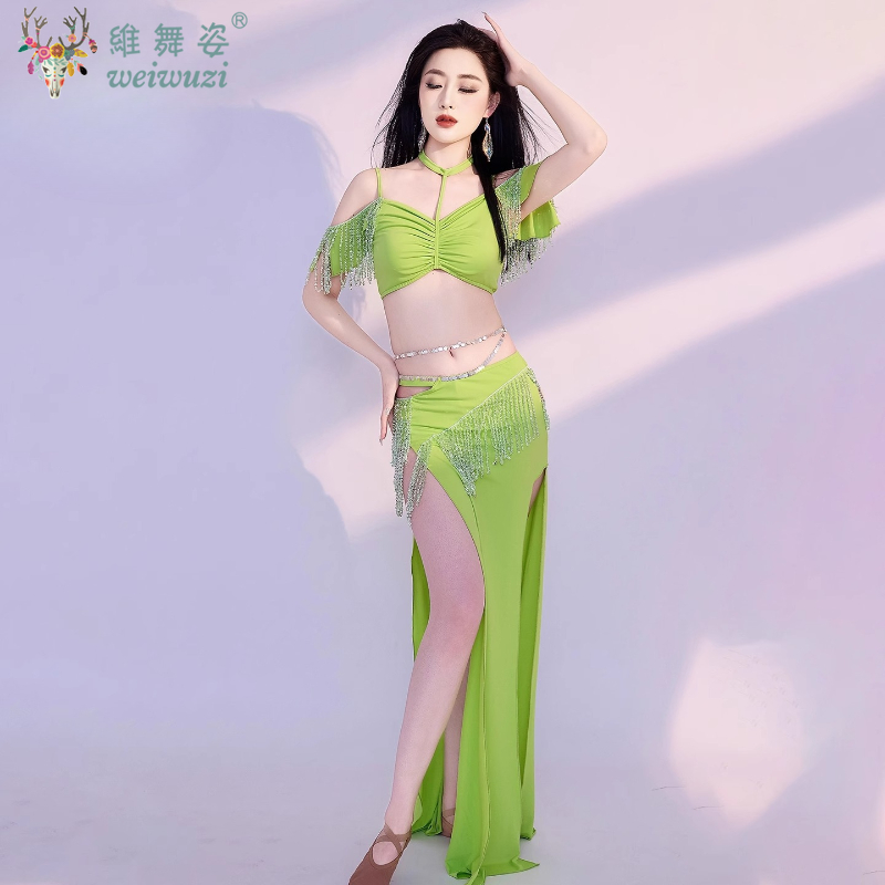 Ensemble de danse du ventre avec pompon, jupe longue cloutée de diamants, tenue de spectacle de danse orientale, vêtements de compétition pour femmes