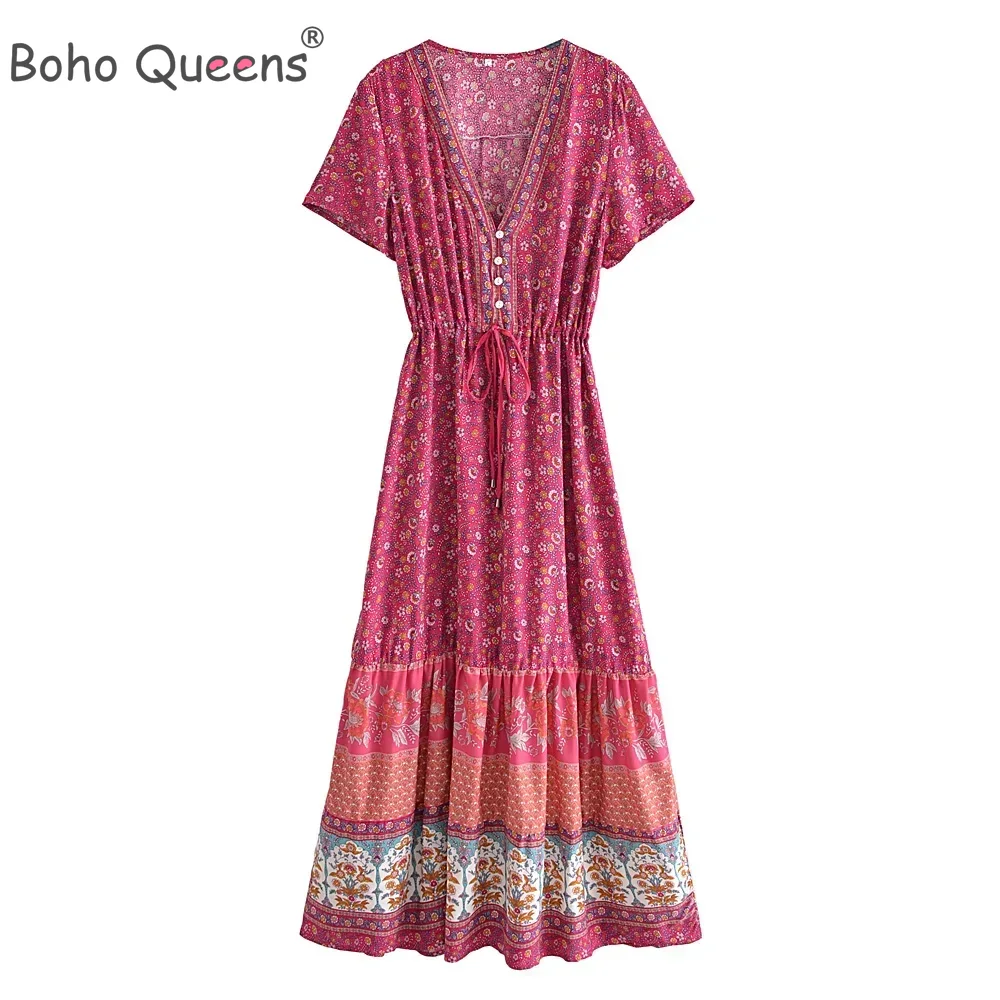Robe de plage bohème à imprimé floral vintage pour dames, robe d'été Maxi, col en V croisé, robe Mod ie, robe éducative, ceintures de dîner