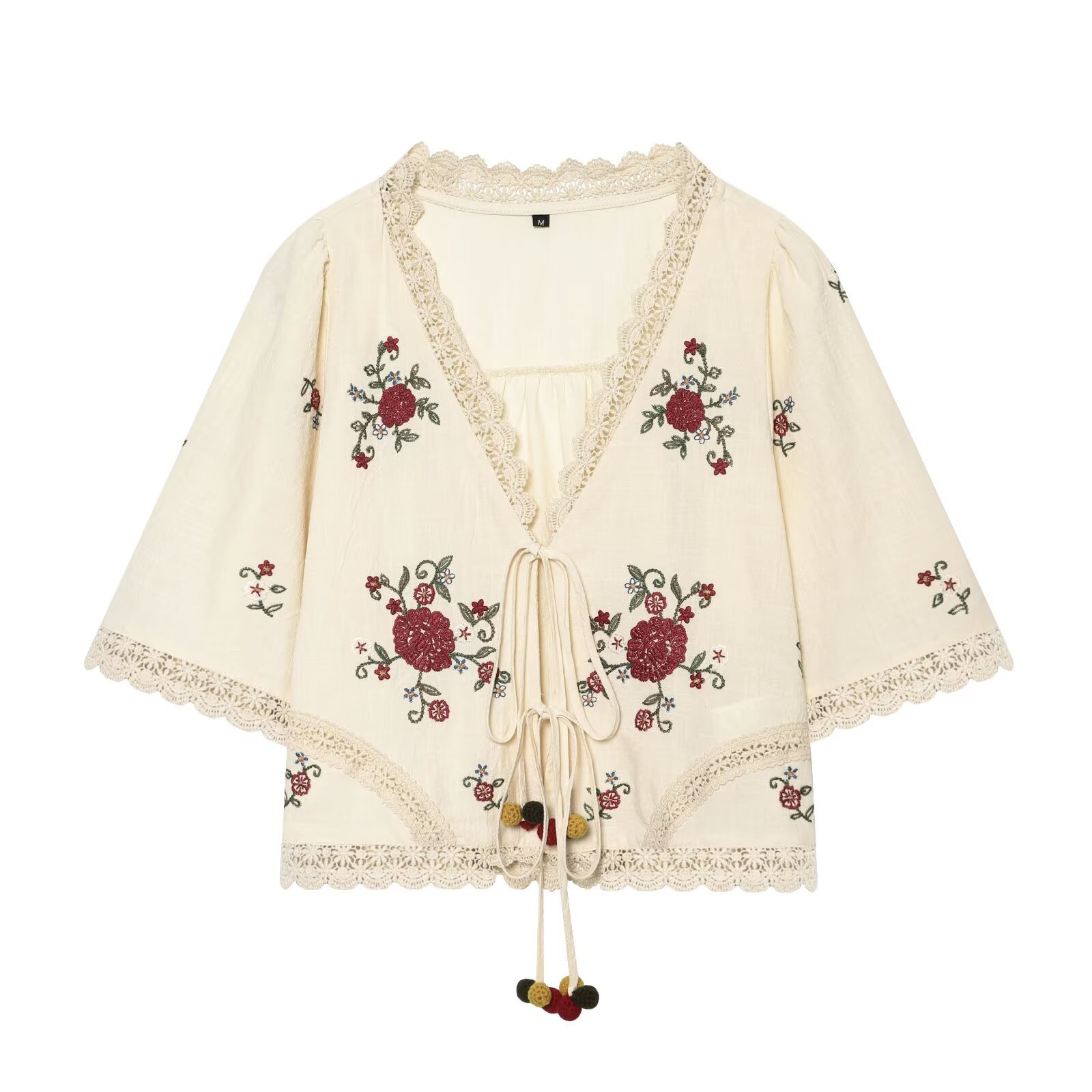 Ensembles 2 Pièces Bohème Broderie Florale Femme : Crop Top à Nouer et Short à Bordure Dentelle, Tenues d'Été Plage Vacances avec Pompons 2026