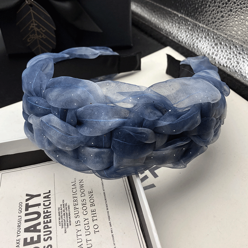 Serre-tête large en maille bleue tressée pour femme, style haut de gamme, accessoire de coiffure tendance pour adulte, bandeau de compression