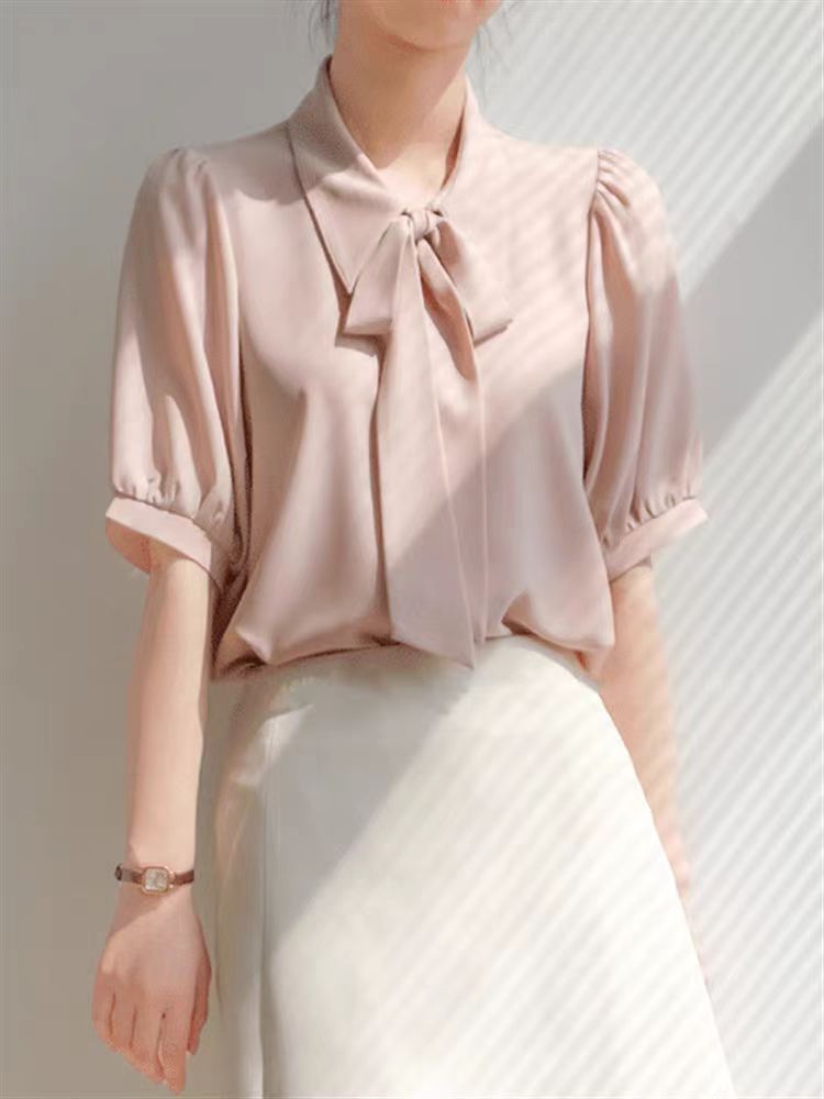 Chemisier Vintage Élégant en Mousseline de Soie pour Femme, Chemises Décontractées à Manches Courtes, Vêtements de Travail Solides, Nouvelle Collection Été 2024