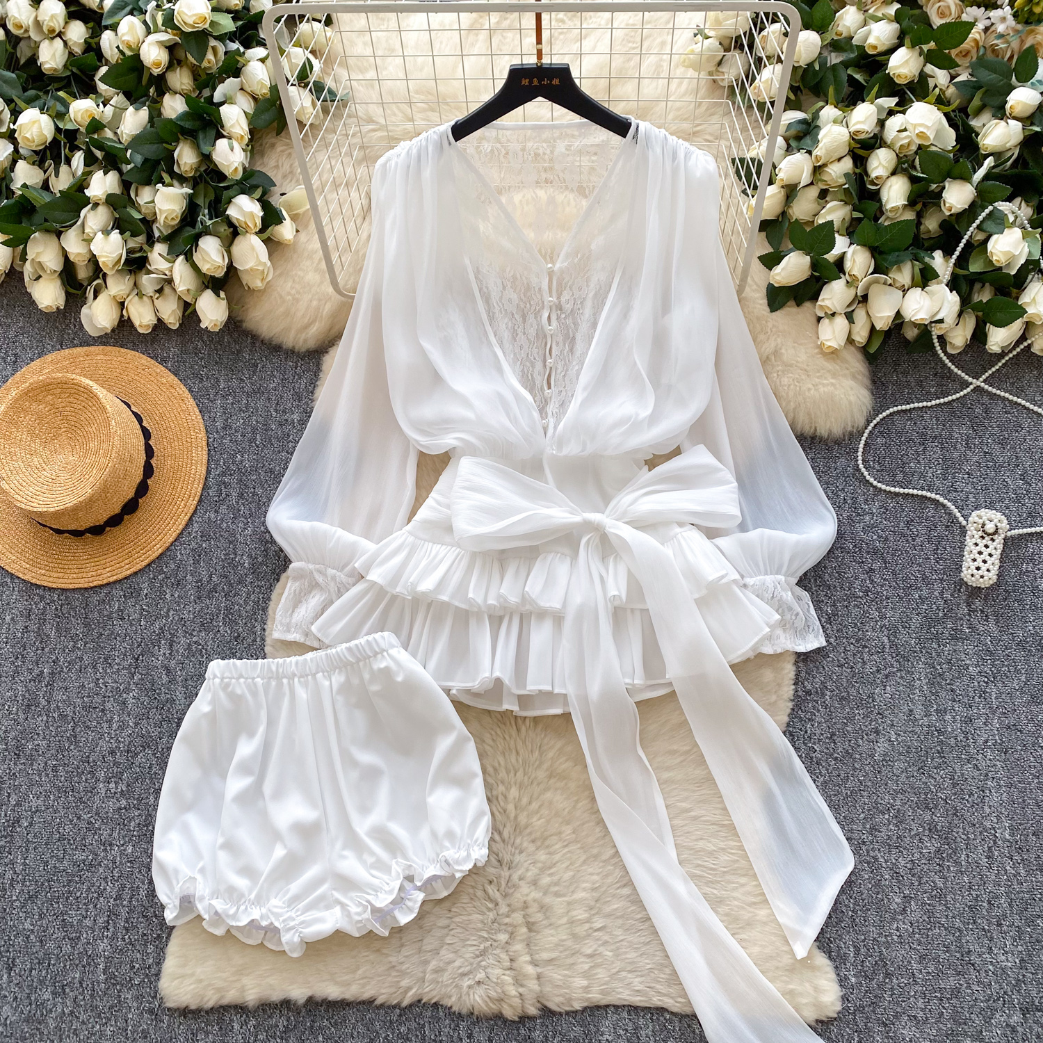 Robe de soirée en dentelle papillon, élégante, manches longues, Vintage, mode coréenne, vêtements pour femmes, ensemble deux pièces
