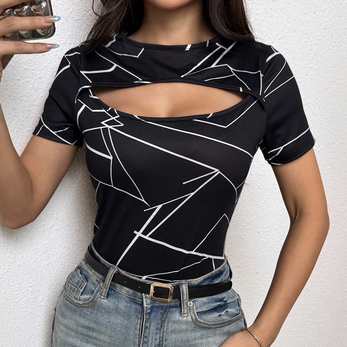 T-shirt femme à imprimé géométrique, coupe ajustée, manches courtes, décontracté et chic, pour le printemps et l'été, usage quotidien