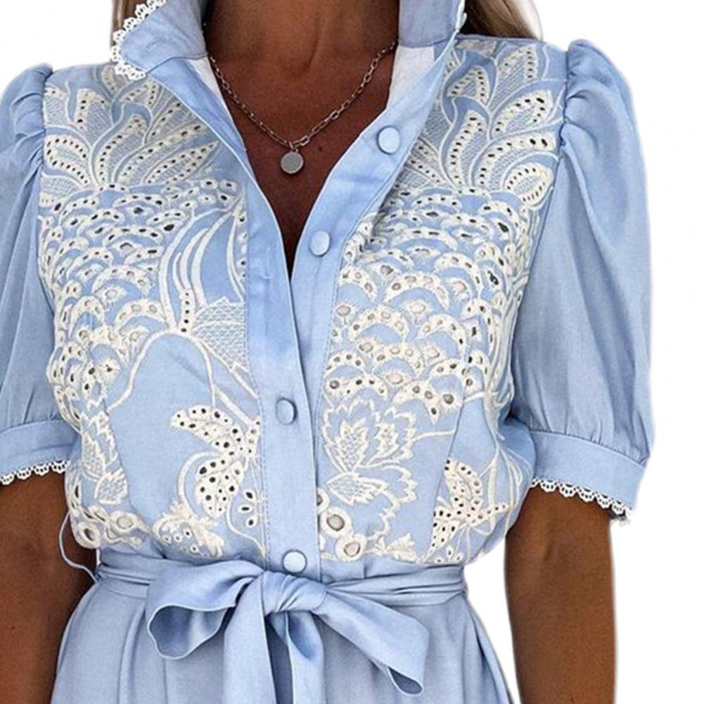 2025 femmes robe évider broderie simple boutonnage grand ourlet à lacets grand ourlet Maxi robe cheville longueur femmes plage robe d'été