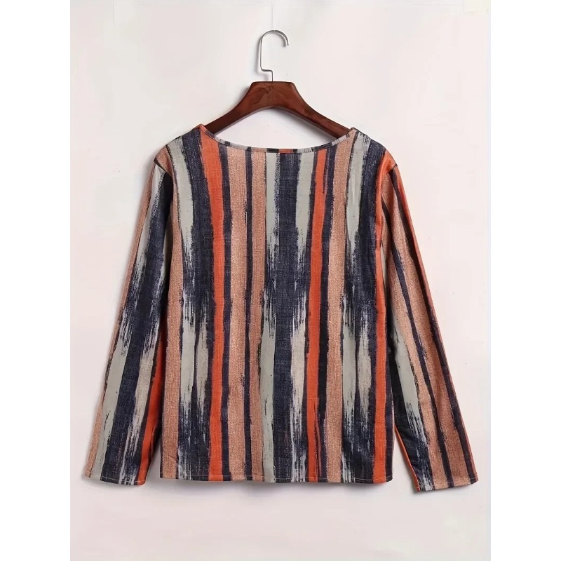 Femmes grande taille 1XL-8XL décontracté confortable à manches longues haut mode col en v rayé respirant T-shirt femmes