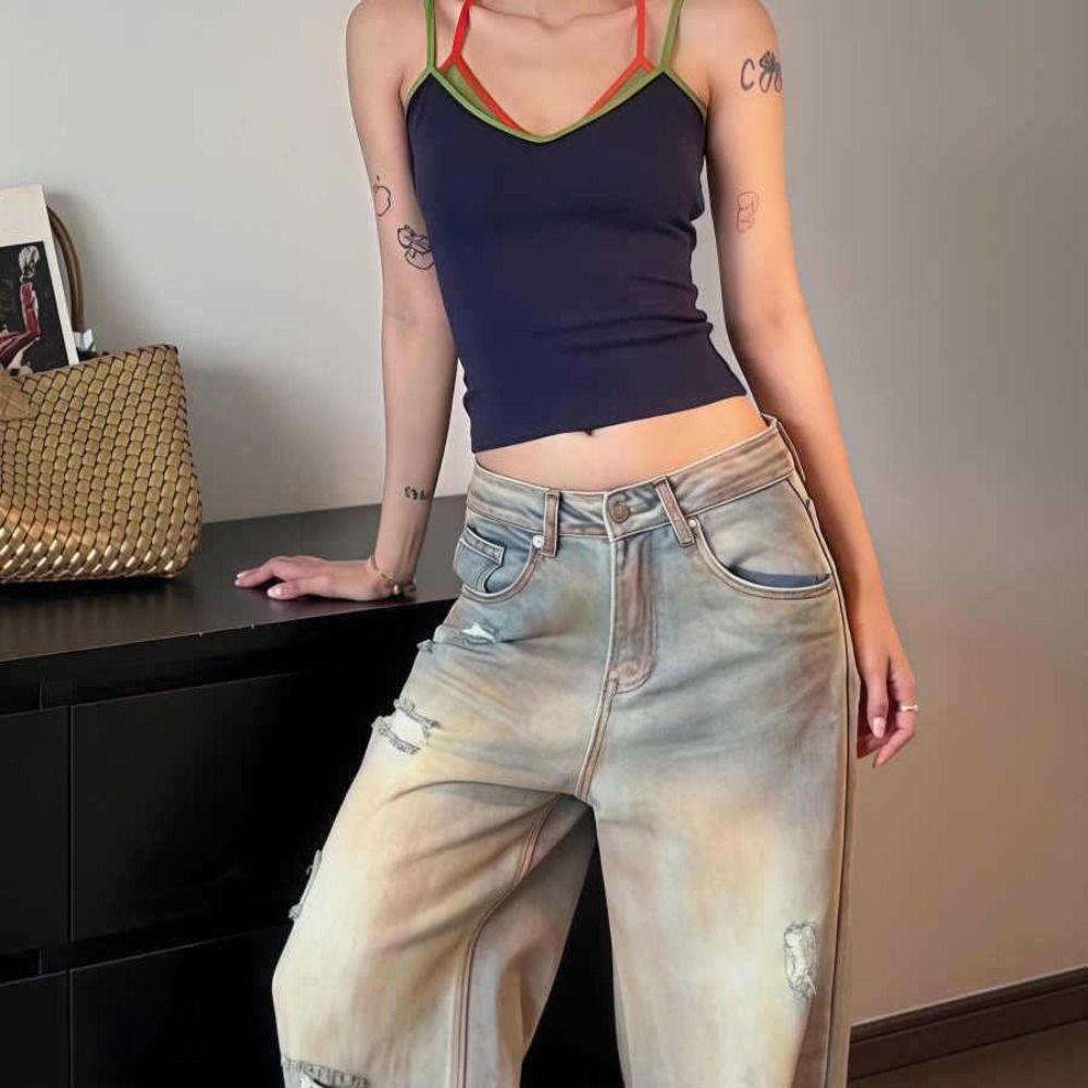 Camisole Halter sans manches style streetwear, coupe ajustée, effet deux pièces, patchwork, pour la plage