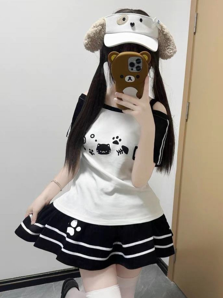 Ensemble 2 pièces de Style sous-culture japonais Kawaii pour femmes, haut à manches courtes imprimé chat mignon, Mini jupe trapèze, tenue d'été Lolita douce