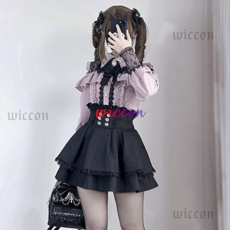 Jirai kei tenue Lolita filles chemise jupe ensemble femmes Kawaii nœud à manches longues Y2K décontracté esthétique chemise Style japonais femmes
