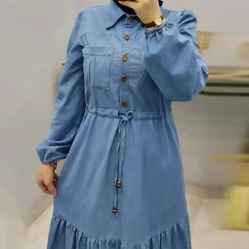 Robe Élégante en Denim à Simple Boutonnage pour Femme, Caftan Musulman à Col Rabattu, Dubaï, Turquie