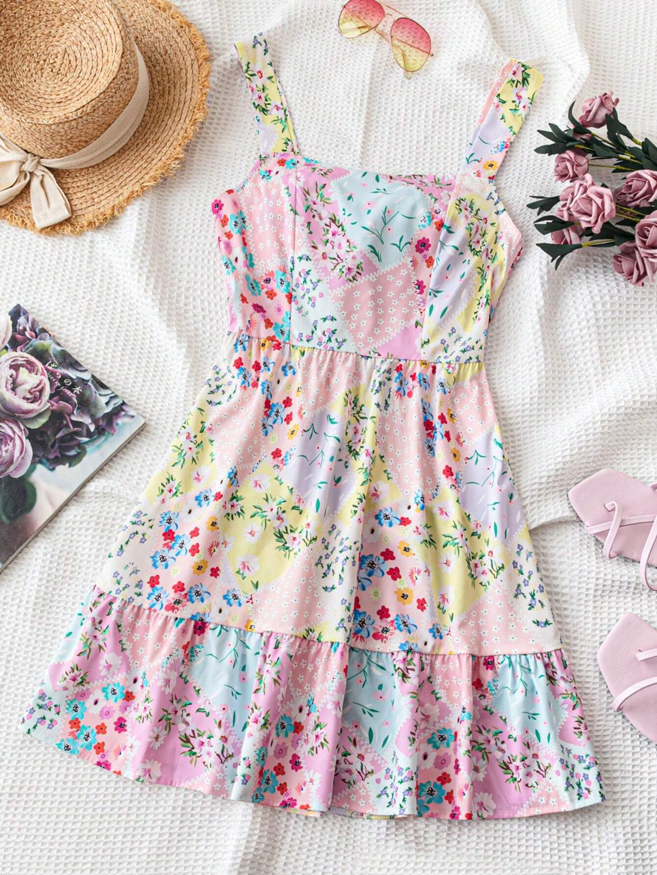 【Boho Chic】 Robe florale sans bretelles avec détail de cravate au dos, robe d'invité de demoiselle d'honneur d'été pour fête dans le jardin, rendez-vous soir