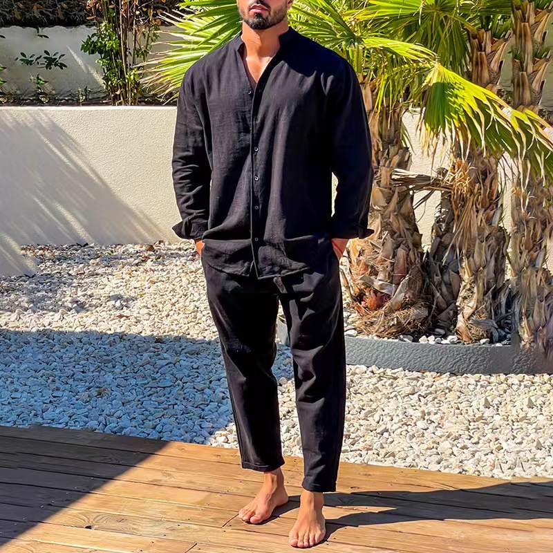 Chemise à col montant en lin à manches longues pour hommes, chemise respirante monochromatique, vêtements de sport décontractés, mode simple, ensemble deux pièces FJM