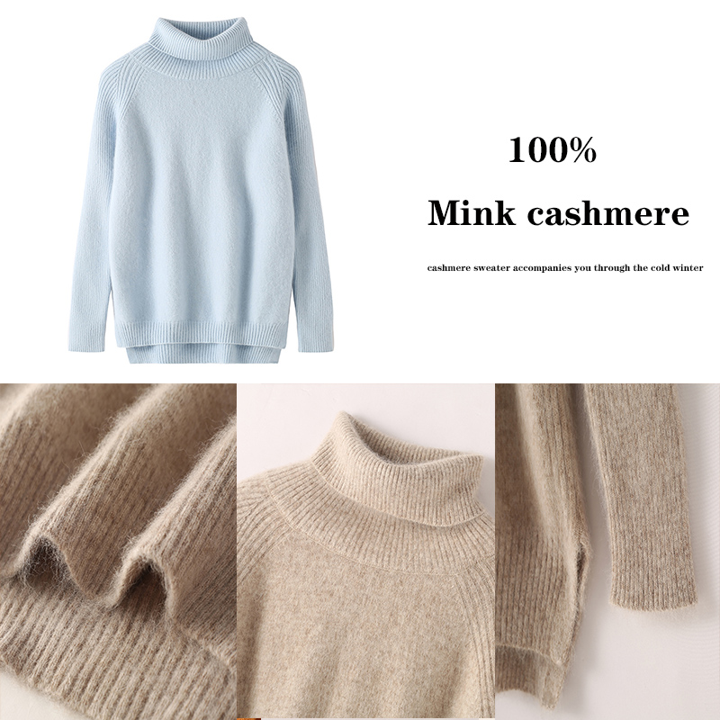 Pull en tricot pour femme automne-hiver 2025, nouveau pull en tricot à col montant en fausse fourrure de vison, ample, à manches longues, chaud, en cachemire