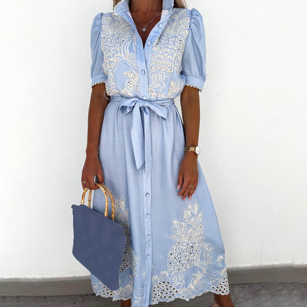 2025 femmes robe évider broderie simple boutonnage grand ourlet à lacets grand ourlet Maxi robe cheville longueur femmes plage robe d'été