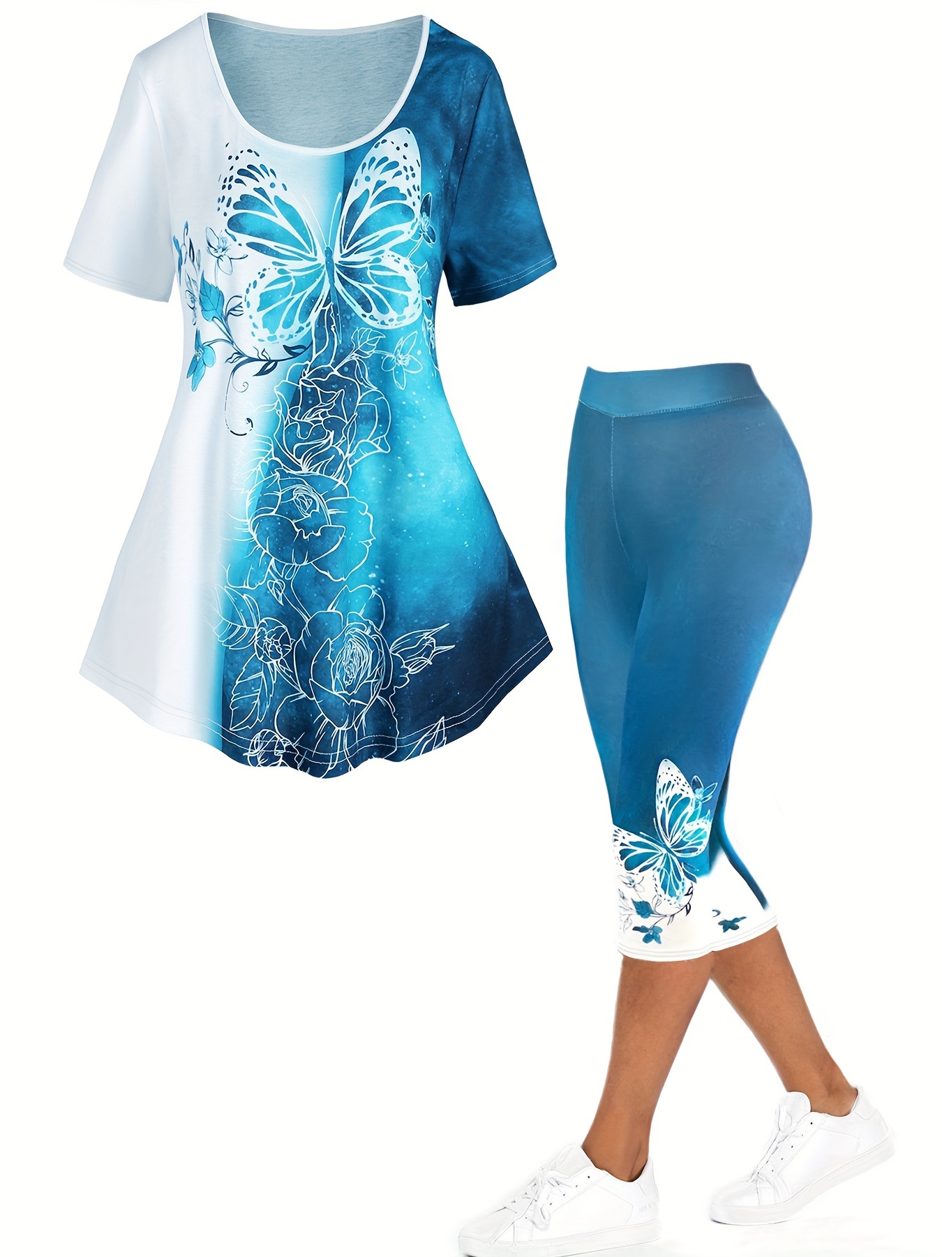 T-shirt à manches courtes et pantalon imprimé papillon pour femme, ensembles assortis, grande taille, bleu, document, décontracté, été, 2 pièces