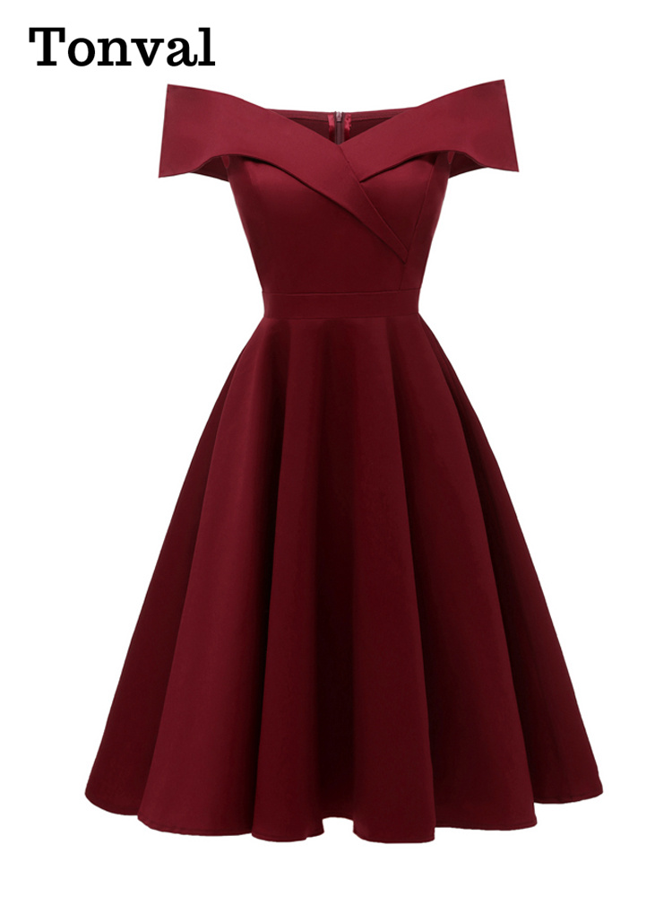Tonval Vintage hors de l'épaule fête Sexy soirée robes d'anniversaire bal élégant femmes ajustement et évasé robe en coton
