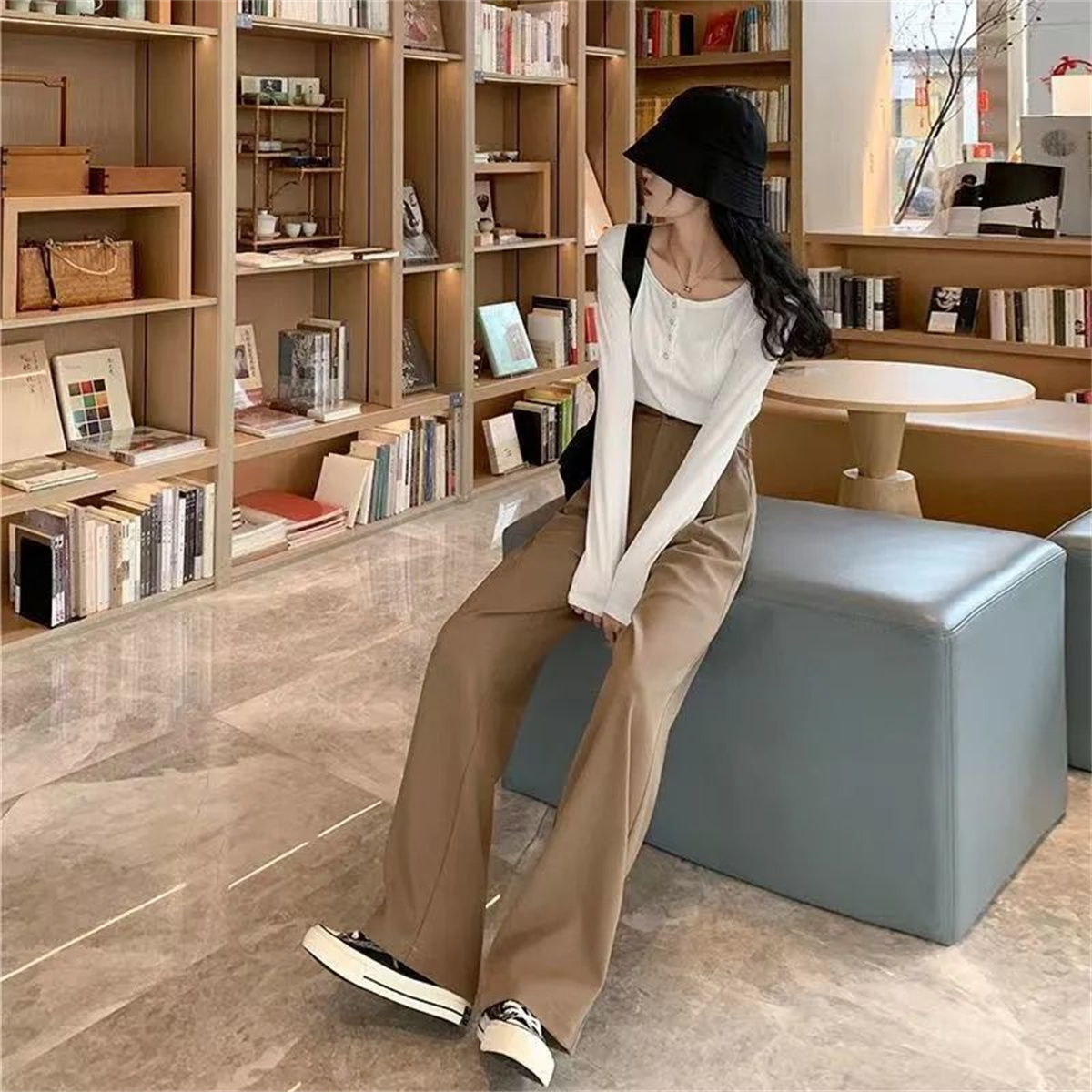 Mode taille haute pantalon à jambes larges femmes printemps automne Baggy pantalon noir bureau dames pleine longueur costume droit pantalon vêtements d'extérieur nouveau