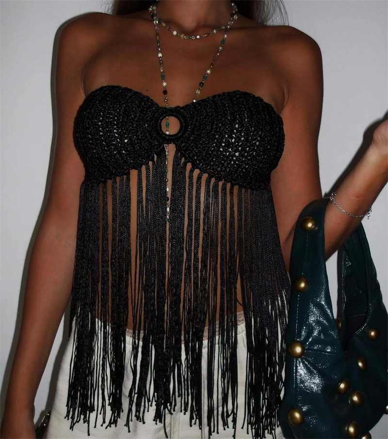 Haut de bikini bohème pour femme, style plage, avec franges, sexy, dos nu, à nouer, à pampilles, en tricot, camisole, cache-maillot de bain en crochet, tenue de plage