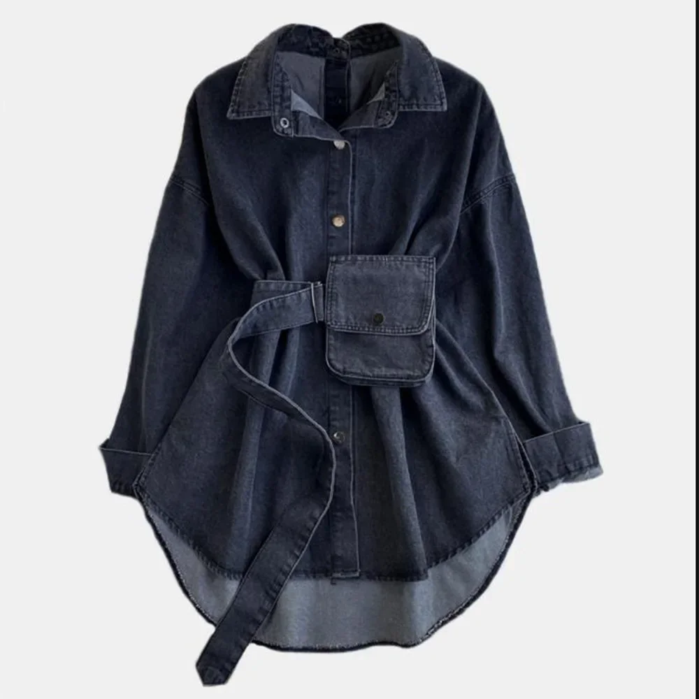 Chemises en jean pour femmes, chemisier lavé, vêtements d'extérieur, vestes, sangle, sac de taille, revers, simple boutonnage, Streetwear, surchemise, 2025