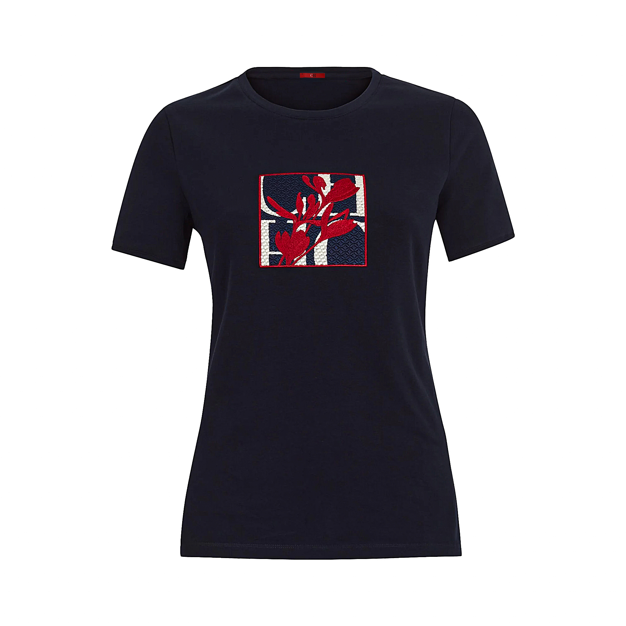 T-shirt à manches courtes pour femme CH, avec un col rond et un motif brodé floral rouge, un haut décontracté pour tous les jours