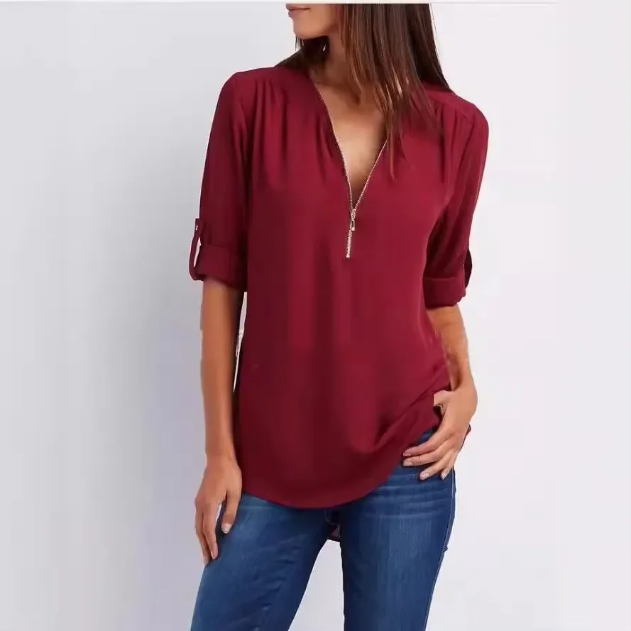 2025 offre spéciale femmes Cool chemise ample col en V profond en mousseline de soie mode Blouse décontracté dames hauts Sexy pull à fermeture éclair grande taille