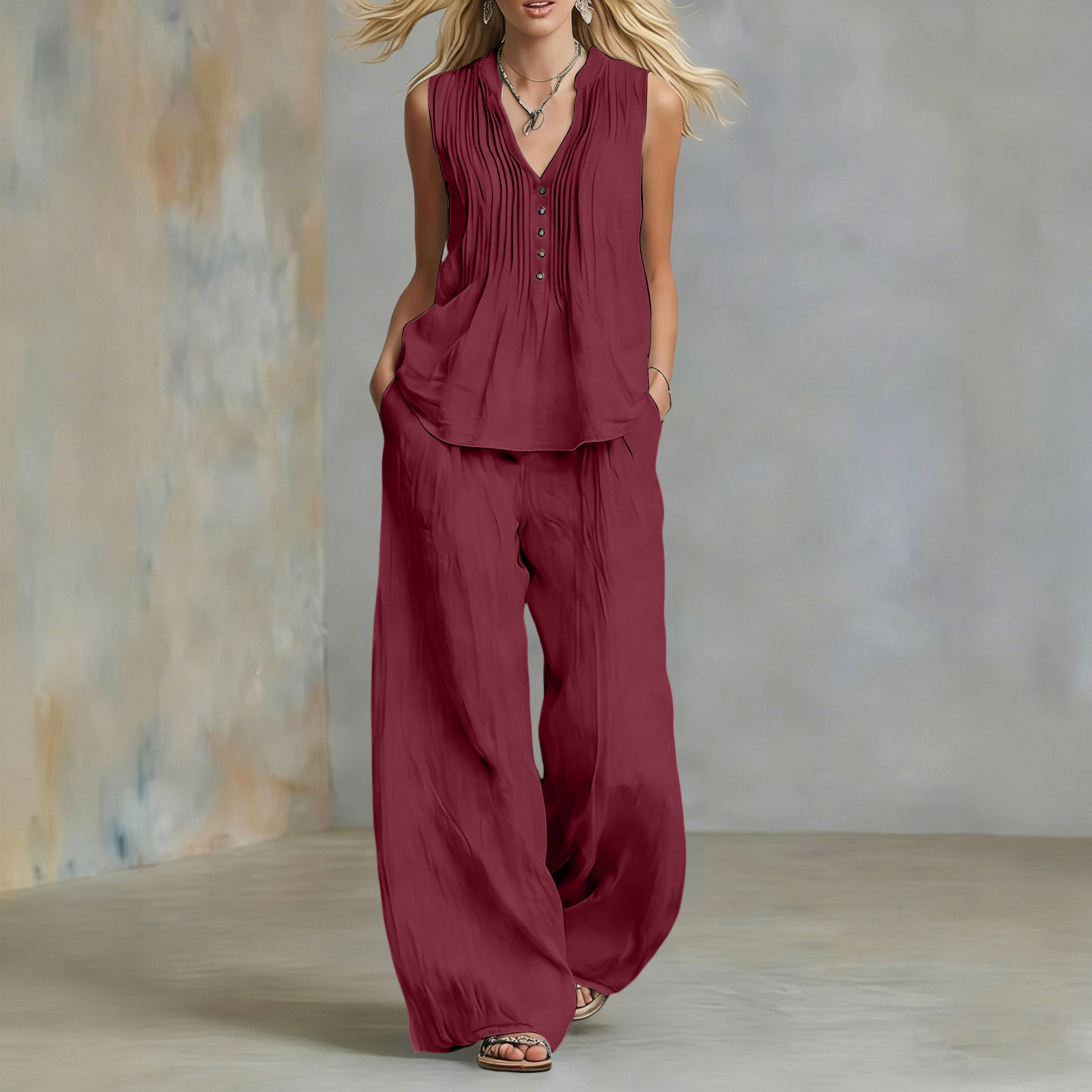 Ensemble deux pièces décontracté pour femme : Gilet sans manches et pantalon long à jambes larges, col en V, couleur unie, pour l'été