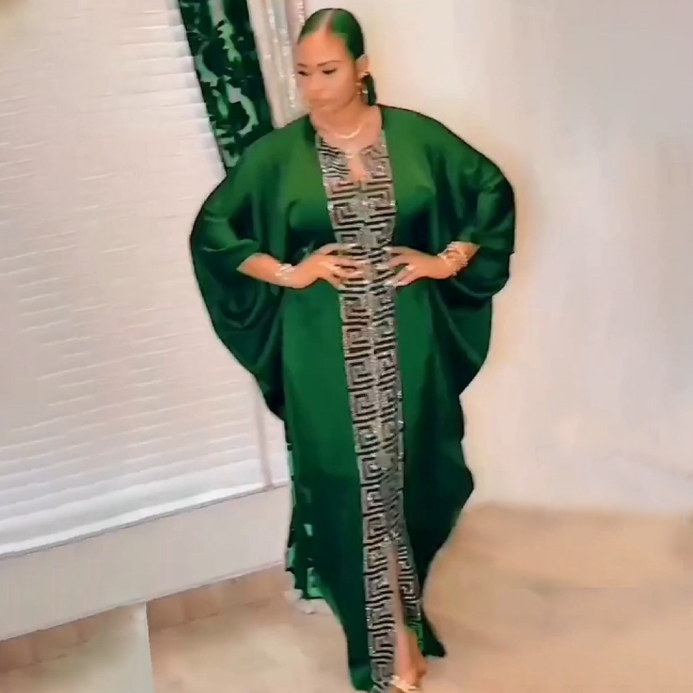Robe de style africain pour femme grande taille, manches chauve-souris, style musulman islamique, imitation soie, strass thermocollés