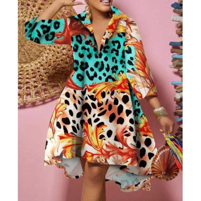 Femmes Sexy mode imprimé chemise robes Chic col en V ample à manches longues Robe casual vacances femme Mini robes Robe vêtements