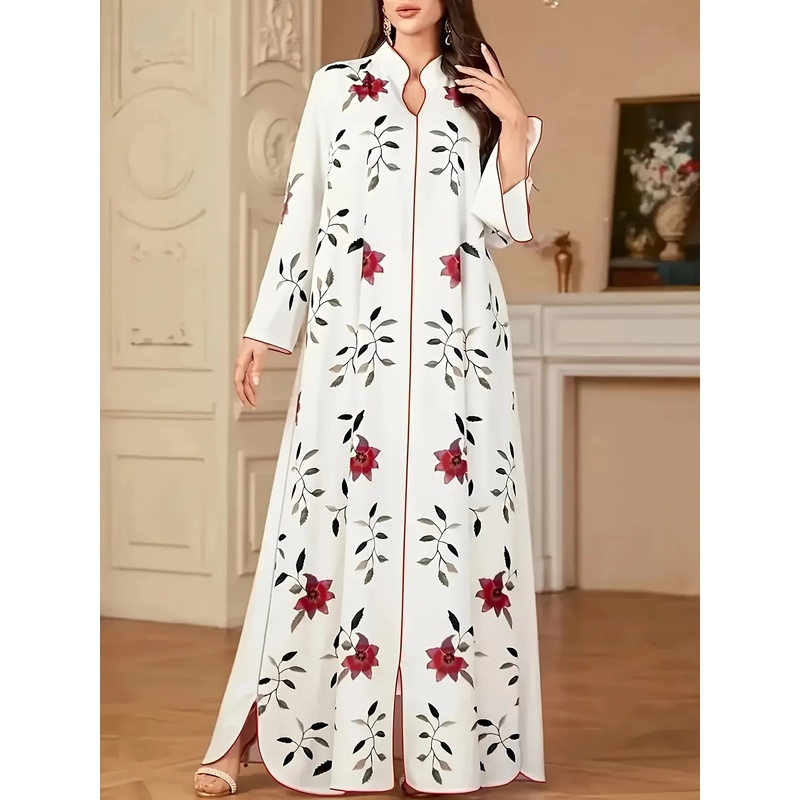 Robe élégante à col en V et manches longues pour femme, imprimé musulman, coupe ample trapèze avec ourlet fendu, idéale pour le Ramadan et les occasions de l'Aïd