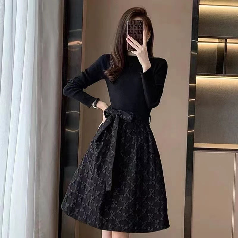 Robes noires à manches longues pour femmes avec nœud d'anniversaire, vêtements vintage pour femmes, vêtements chauds, mode coréenne, luxe de haute qualité