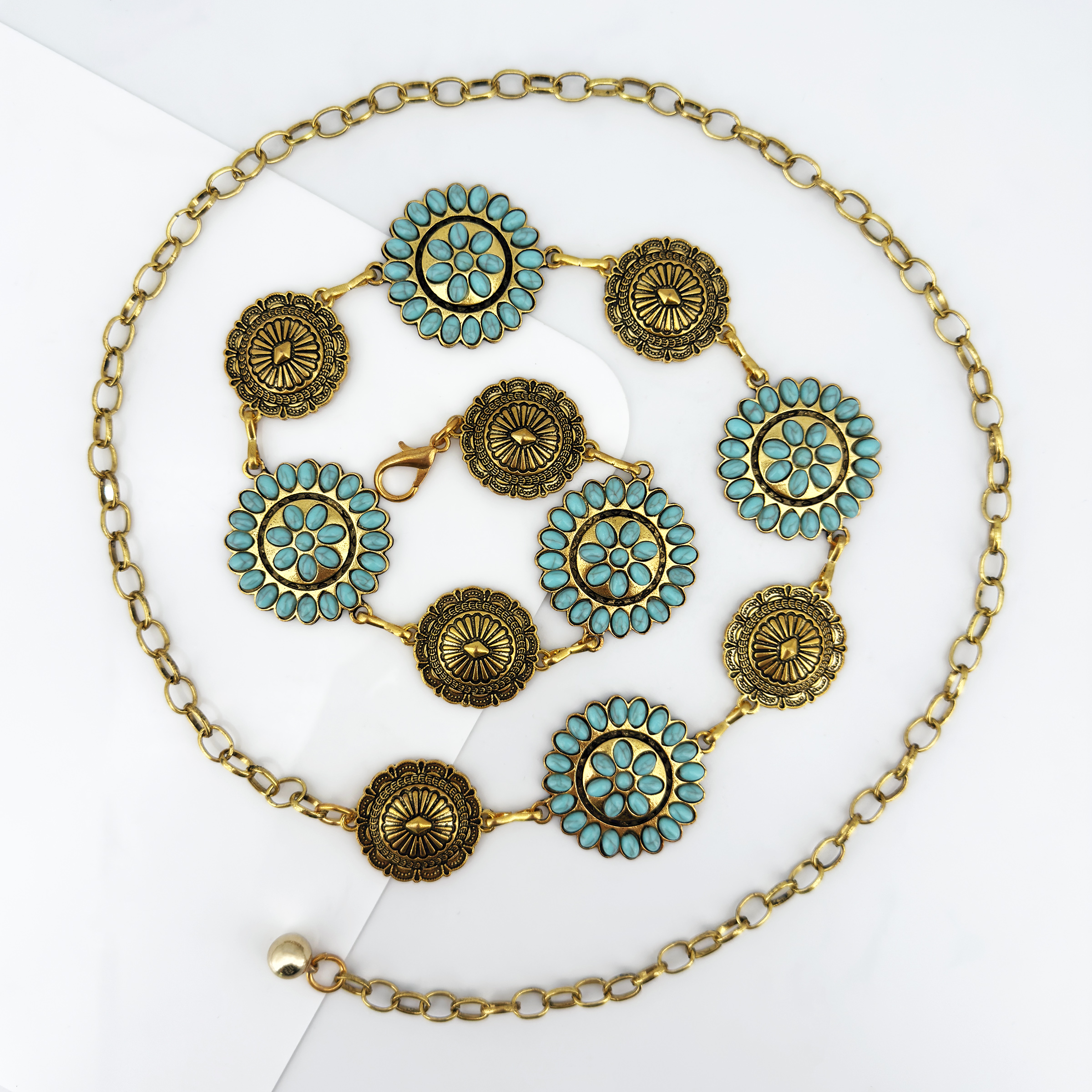 Ceinture ethnique ronde style western tendance pour femme, incrustée de turquoise ; polyvalente pour robes, jeans, mode Y2K et avant-gardiste