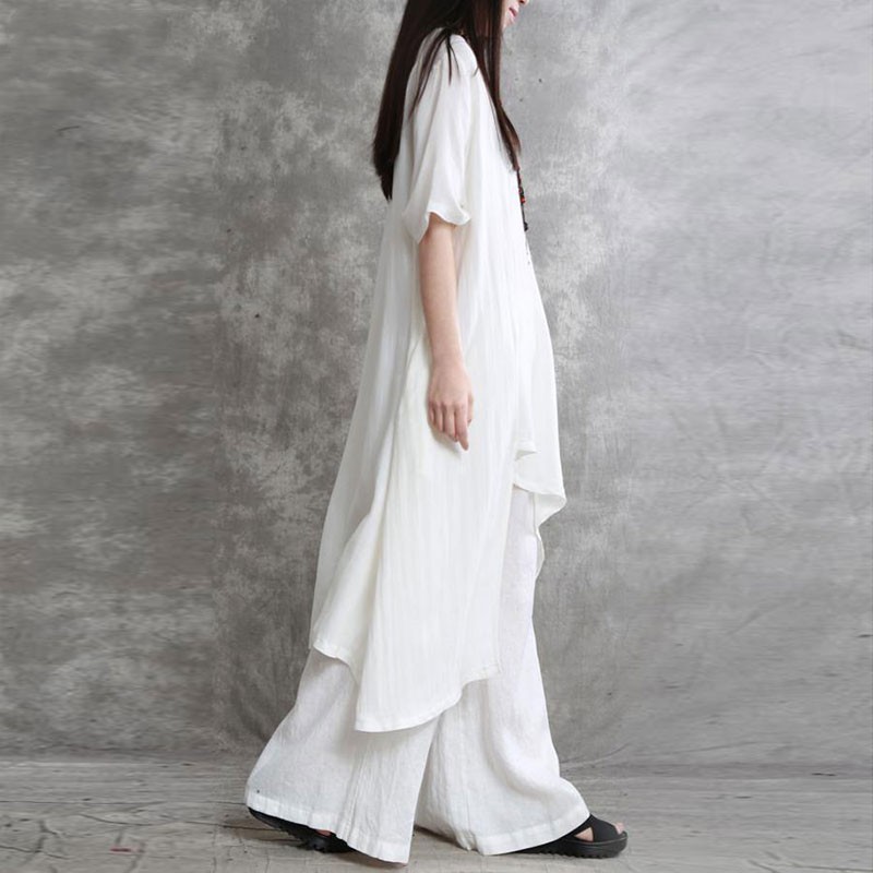 Ensemble pantalon en coton et lin pour femmes, 2 pièces, chemisier ample décontracté à manches mi-longues, couleur unie et taille haute élastique, jambes larges, costumes complets