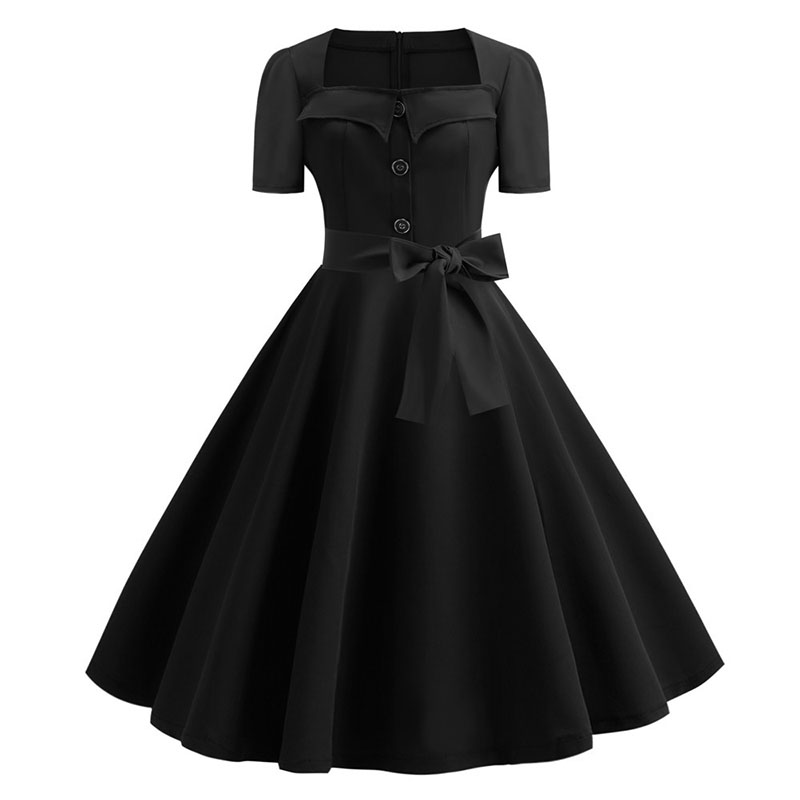 Femmes col carré élégant Vintage Robe d'été à manches courtes Robe Midi Robe Femme décontracté bureau Robe de soirée