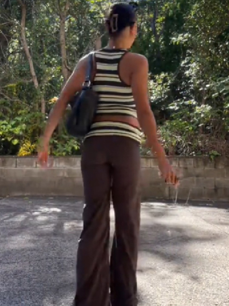 Ensemble deux pièces pour femme, débardeur court côtelé rayé marron, pantalon évasé taille basse, style Y2K, sans manches, pantalon large assorti