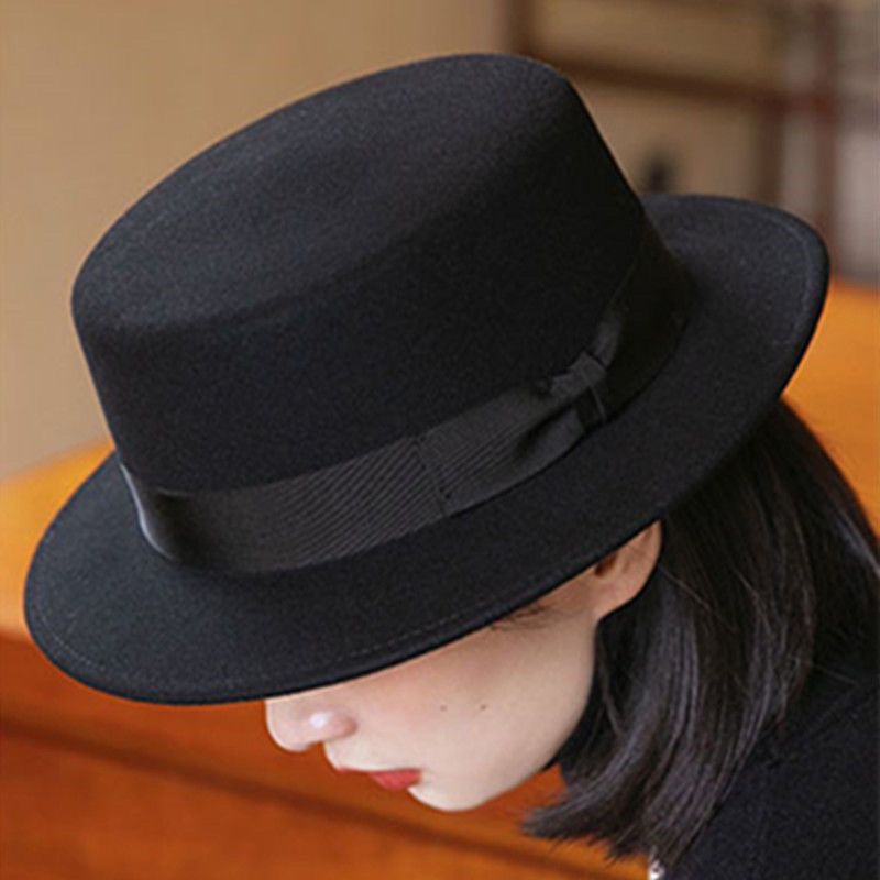 Chapeau haut de forme français à grand bord pour femme, style rétro élégant, Fedora plat, perle florale britannique, chapeau à large bord, photographie, noir