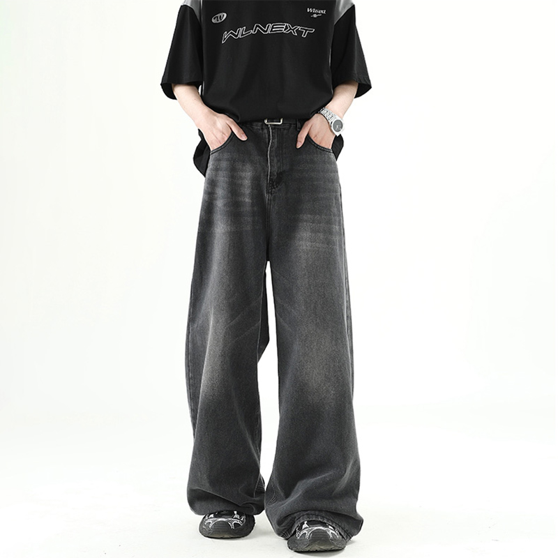 Hommes Denim pantalon vieux bleu lavé mâle jean droit décontracté hommes ample jambe large pantalon nouvelle mode coréenne haute rue Denim