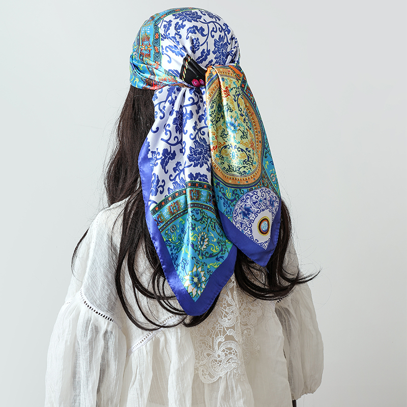 Foulard carré de luxe en satin de 90 cm pour femme, hijab, châle, bandeau, écharpe en soie, bandana